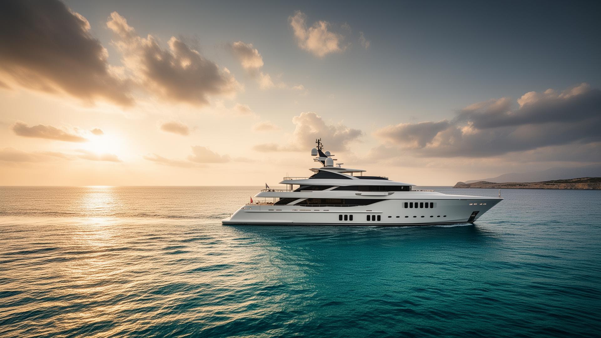 Luxury yacht sailing on turquoise sea at golden hour